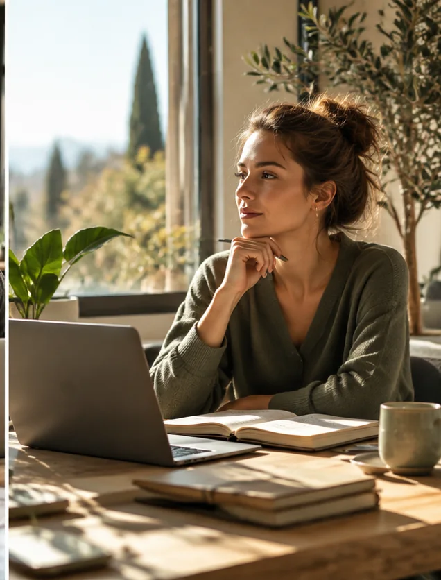 Entrepreneuse étudiant son projet devant un ordinateur